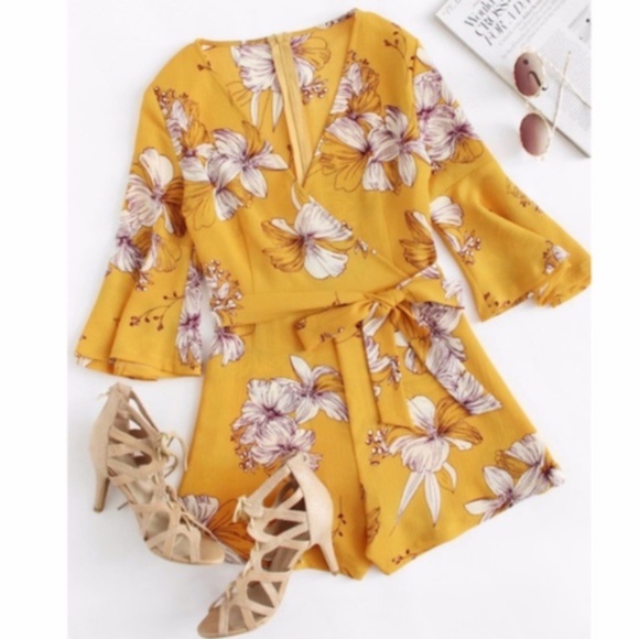 Pants - TAKE ME AWAY Floral Romper - MUSTARD  
